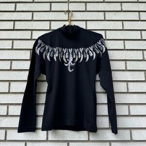 Vintage Bogner Made Italy Wool Layer Mock Neck Feather Embroidered Black Shirt